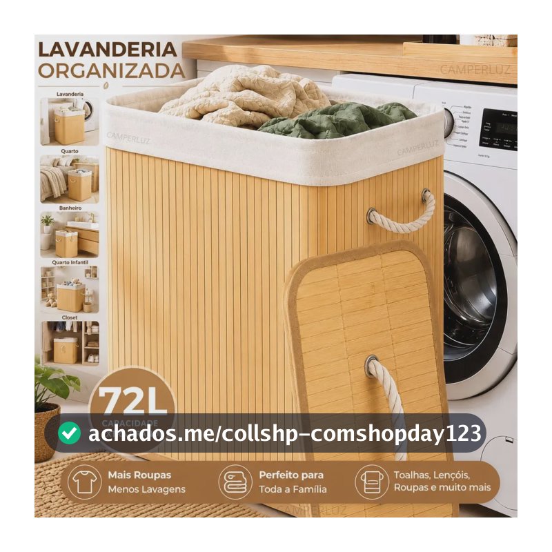 Cesto Organizador De Roupa Bambu Dobrável Retangular Com Tampa Forro e Alças 72 Litros Grande Capacidade Reforçado Caixa Organizadora para Brinquedos - Marca Macater