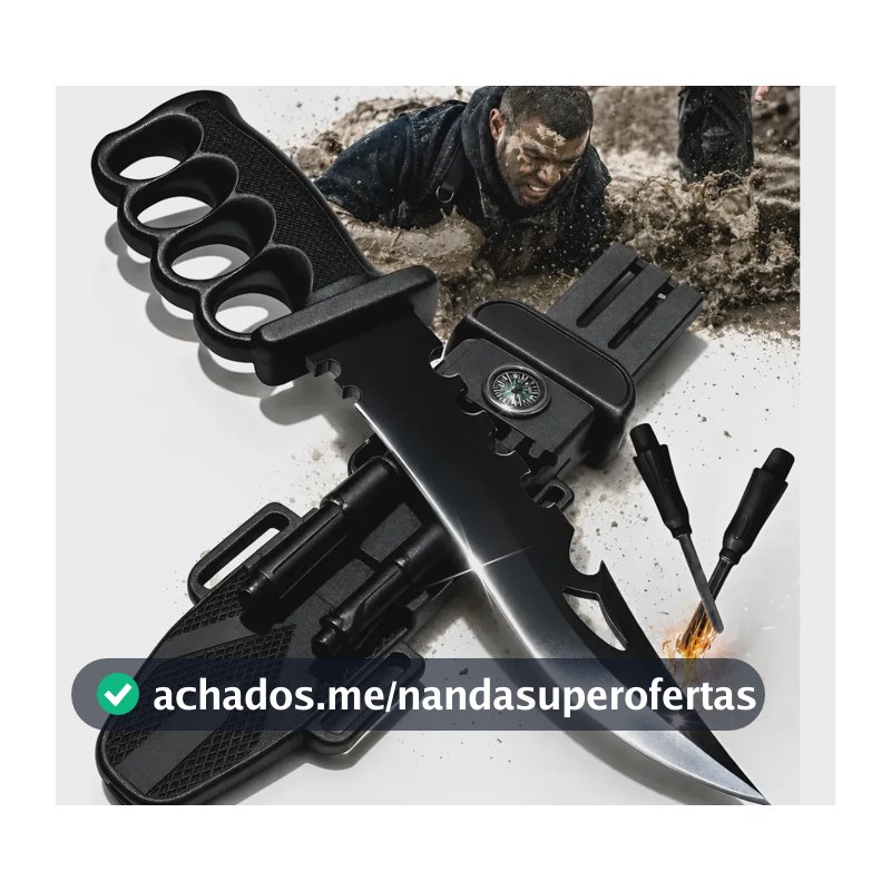 Faca Tática Sobrevivência 33cm Aço 440c Ultra Afiada Com Soco Inglês Bússola Apito Pederneira Afiador Bainha Militar Camping Caça Pesca Trilha Emergência Resgate Selva Outdoor Combate