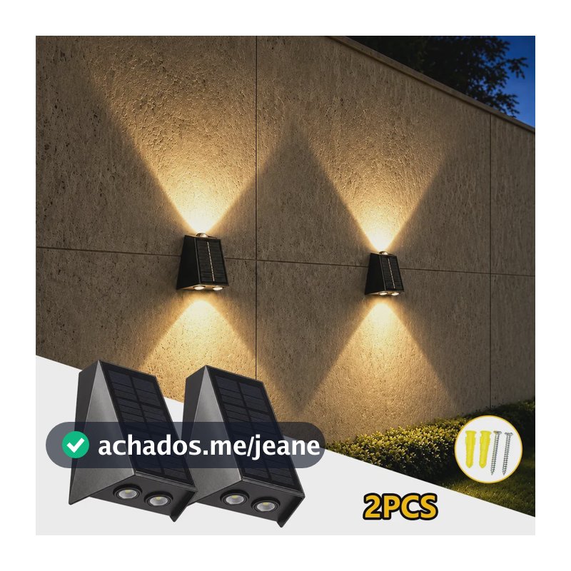 Arandela Solar LED de Parede com 3 Feixes de Luz Quente, Kit com 2 Unidades