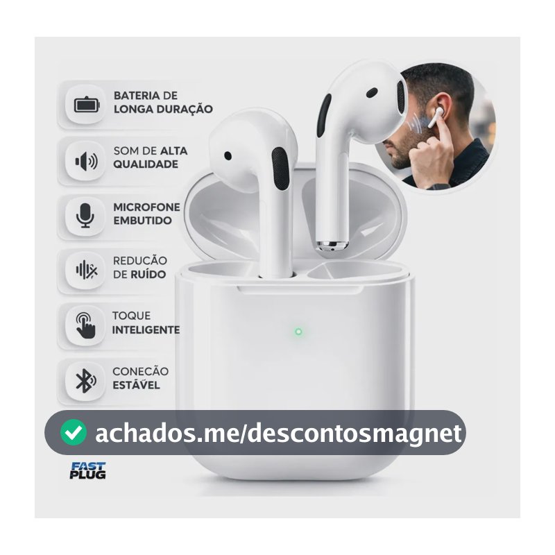 Fone De Ouvido Bluetooth Bateria de Longa Duração Pro 4 Branco Conecta Rápido Fast Plug Com Case Carregador E Microfone