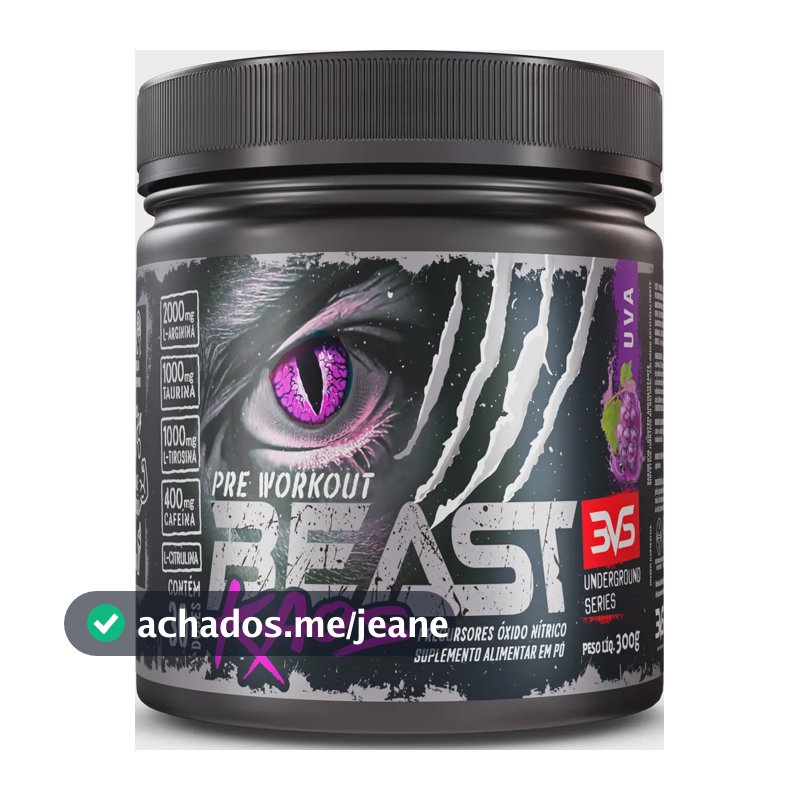 PRÉ TREINO BEAST KAOS 300g - Sabor Uva - Extra Forte com Citrulina, Beta Alanina, Cafeína, Arginina, Taurina e Tirosina
