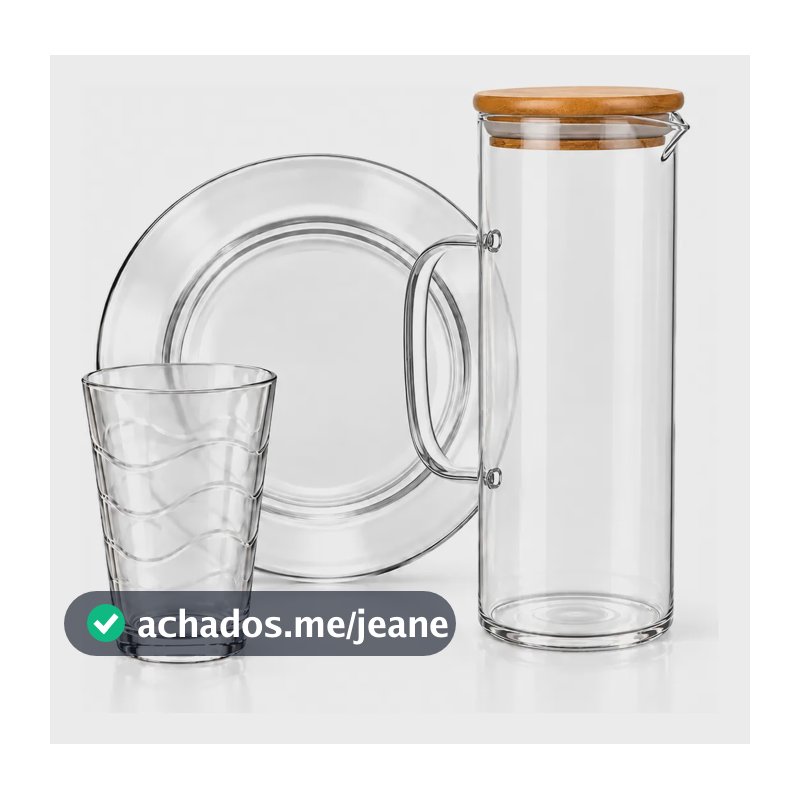 Kit 13 Peças Jarra Vidro 1,5l 6 Pratos Fundos 6 Copos Transparente