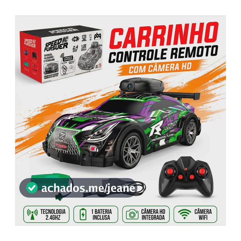 Carrinho de Controle Remoto com Câmera HD Wifi Roxo Recarregável Transmissão via App Celular Brinquedo Infantil