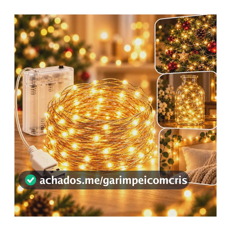 Fio Fada Cordão Decorativo Branco Quente 10 Metros USB e Pilhas