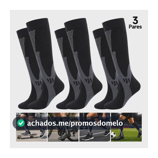 Kit 3 Pares Meia Compressão Esportiva Cano Alto 3/4 Corrida