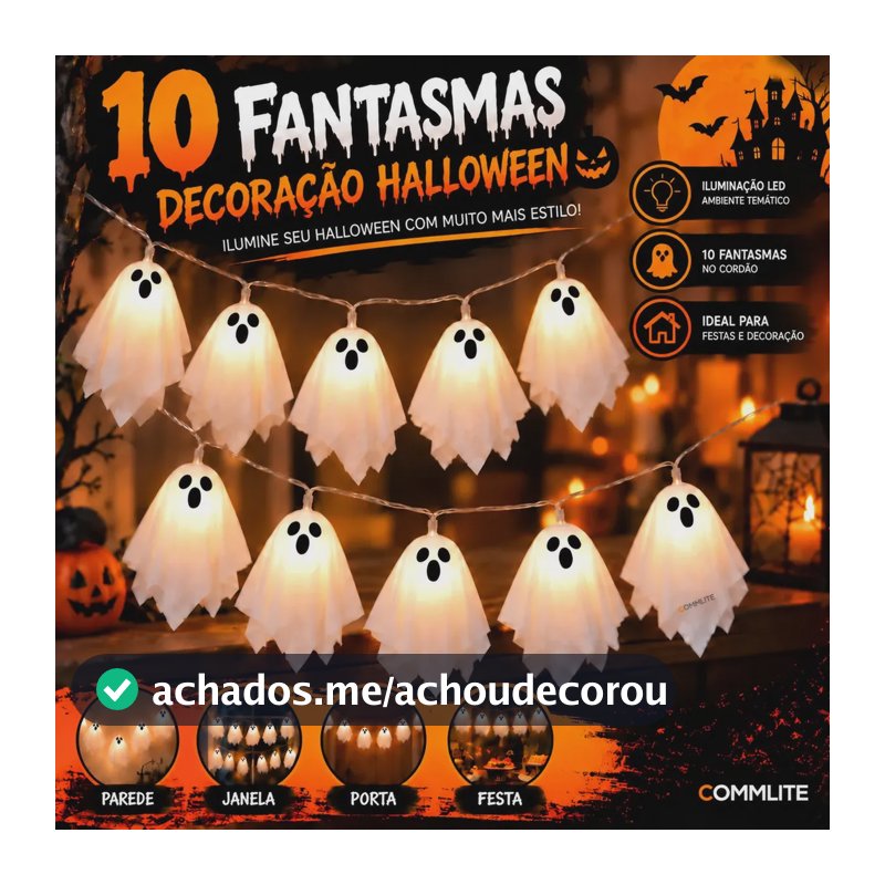 Decoração Festa Halloween Varal LED 10 Fantasmas Enfeite Assustador Para Casa Festa Temática Decorar Parede Porta Janela Área Externa E Decoração Terror Festa De Halloween Commlite