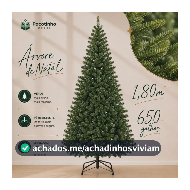 Árvore De Natal 1,80m 650 Galhos Verde Base Metal Pinheiro Canadense Pacotinho Decor