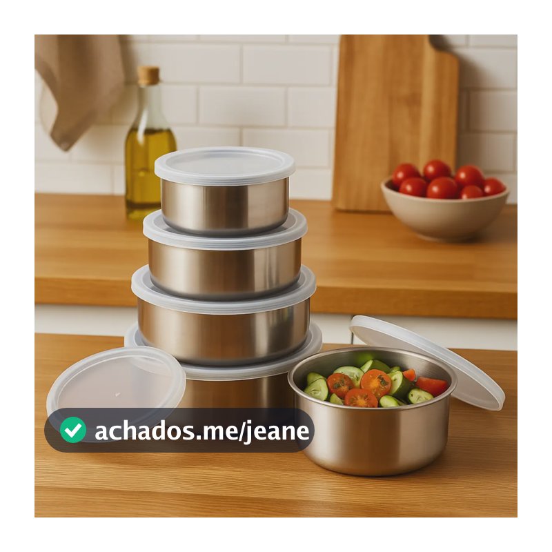 Conjunto Potes Vasilha Organizador Cozinha Geladeira Inox 5p Prateado