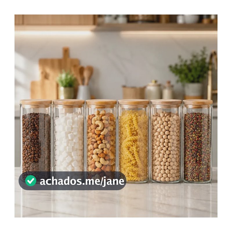 Kit 6 Potes Vidro Hermético 450ml Tampa Bambu Mantimentos Transparente