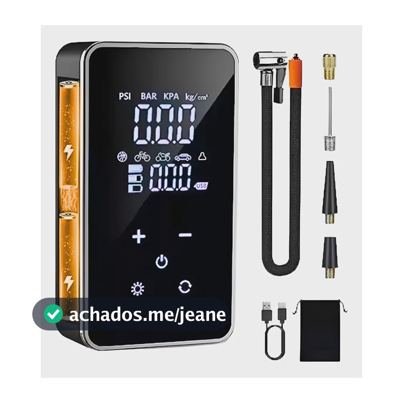 Calibrador Compressor Bomba De Ar Pneus Carro Portátil Moto Preto 127/220v Psi Bar Kpa Kg/cm2² Bifásica
