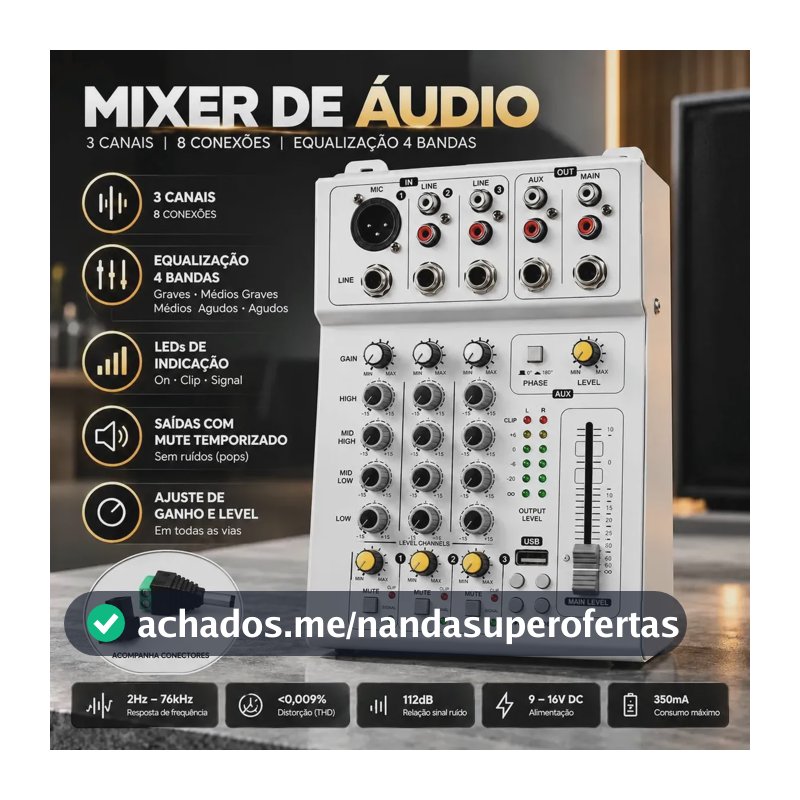 Mesa De Som Analógica 3 Canais Com Equalizador 4 Bandas 12v