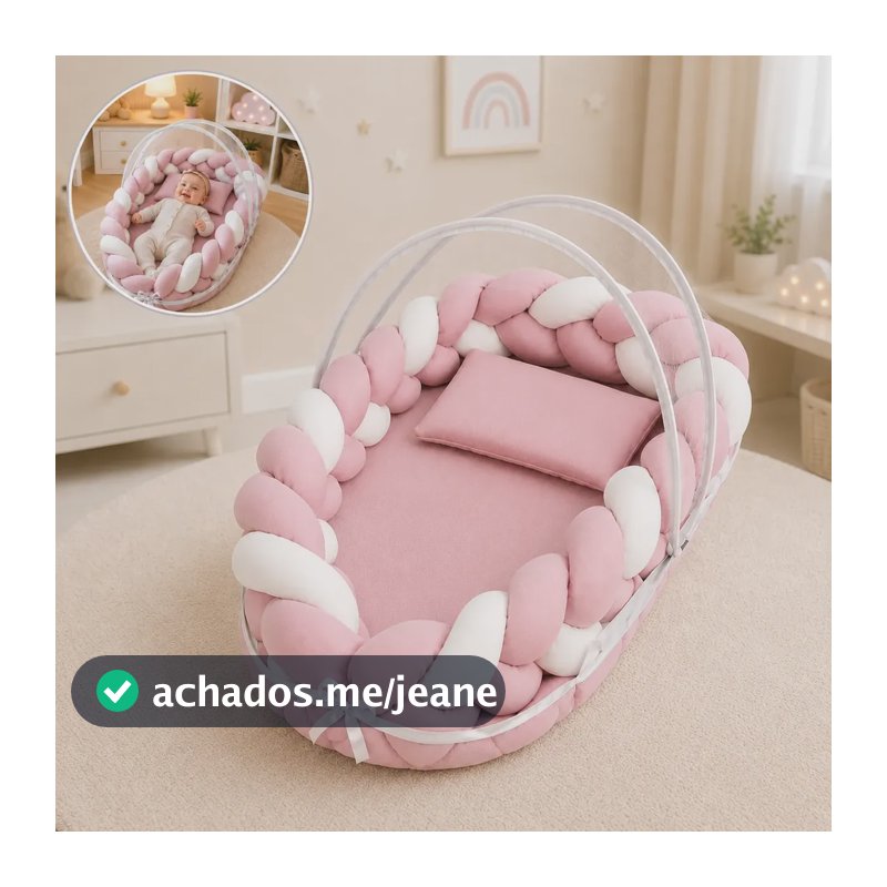 Kit Ninho Redutor Trança + Mosquiteiro + Travesseiro Bebe Rosa