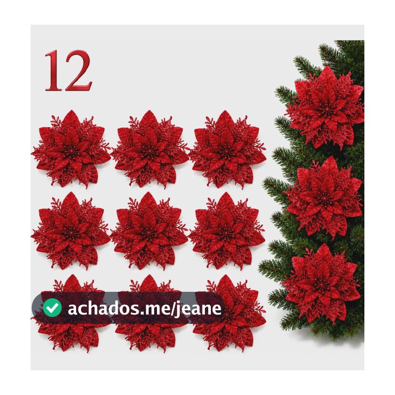 Kit 12 Flores De Natal Arvore Decoração Enfeites Brilhante Vermelho Flores