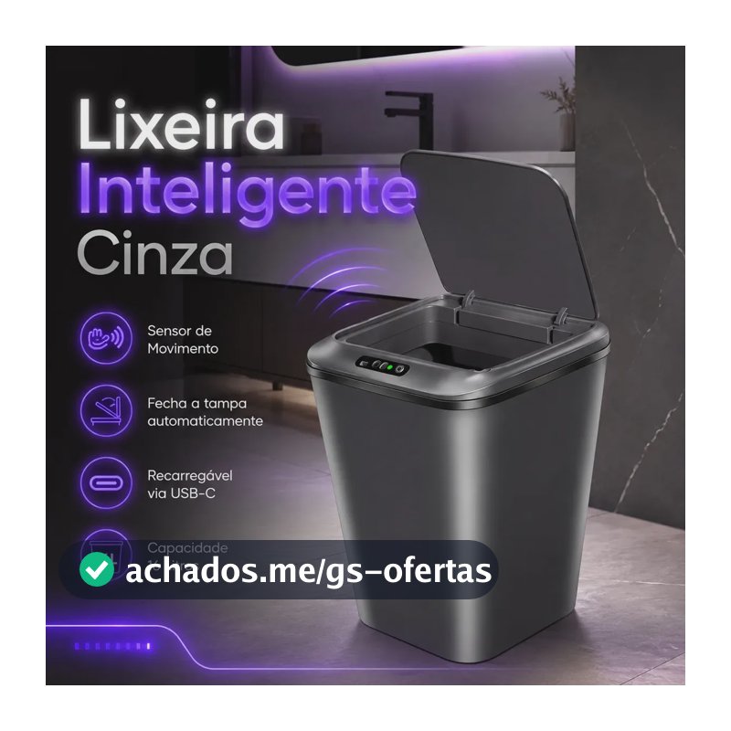 Lixeira Inteligente Sensor Automático 16l Cinza Smart Recarregável Para Banheiro E Cozinha