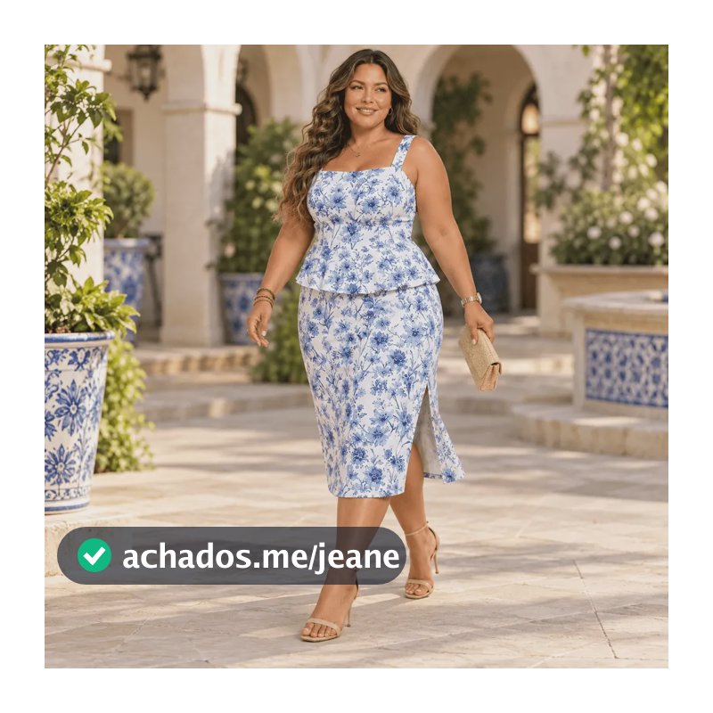 Conjunto Feminino Plus Size Saia Viscose Midi Social Moderno Azul G2