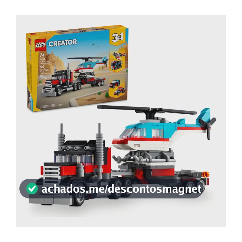 <p>LEGO® Creator 3 em 1 – Caminhão Plataforma com Helicóptero, Jogo de Carro Hot Rod, Avião de Brinquedo, Caminhão de Brinquedo, Miniatura de Avião, Presente para Criança de 7 Anos 31146</p>