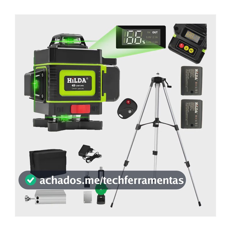 Nível Laser 16 Linhas Verde 2 Baterias Recarregável Com Display Digital 4d 360 Graus Hilda Profissional Com Tripé De Alumínio 1,2m Esquadro Lazer Ponto Prumada Leize Nivelador Leiser Ferramenta Forro