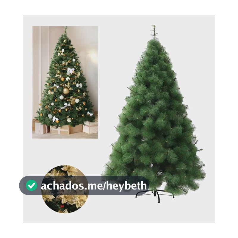 Árvore De Natal Pinheiro Premium 2,10m Galhos Cheio Pompom Luxuosa com Flores Douradas