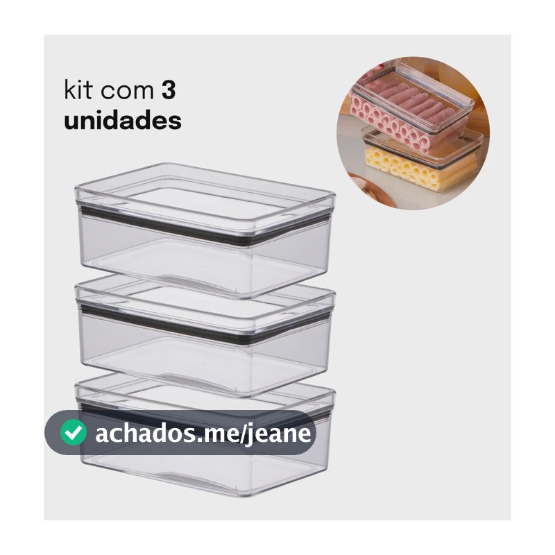 Kit 3 Potes Herméticos Porta-Frios Paramount 770ml Transparentes Cristal Empilháveis para Presunto, Queijo e Muçarela