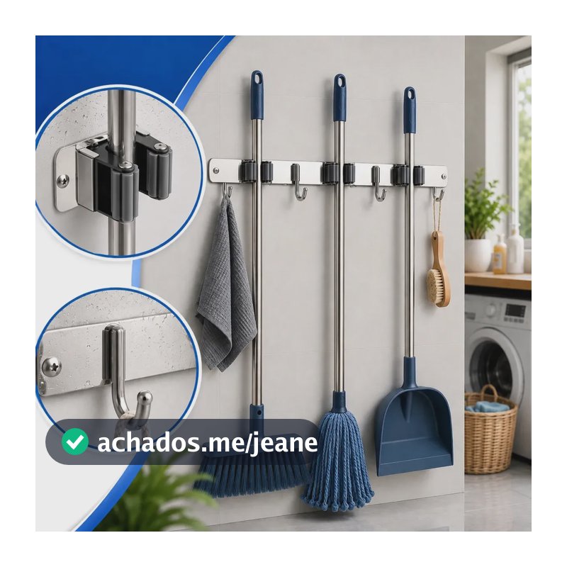 Suporte Para Vassouras de Inox Diggicom Com 7 Ganchos e Fixadores