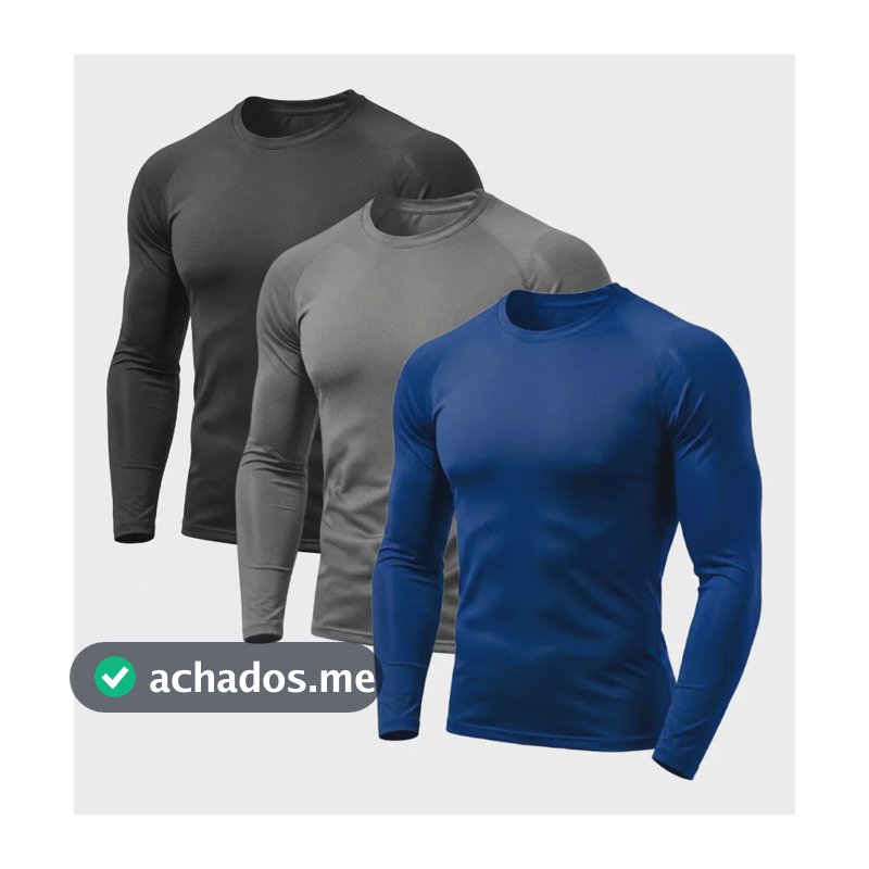 Kit 3 Camisas Térmicas Segunda Pele Masculina Manga Longa Azul Cinza Preto Gg