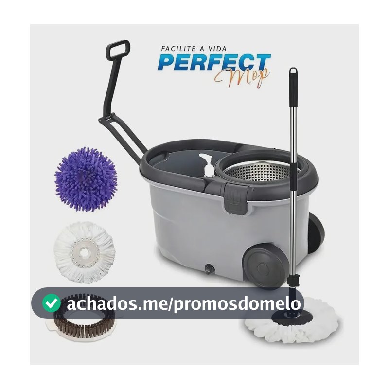 Esfregão Perfect Pro Mop Move 16L Cinza Cabo Inox Alça Roda 3 Refis