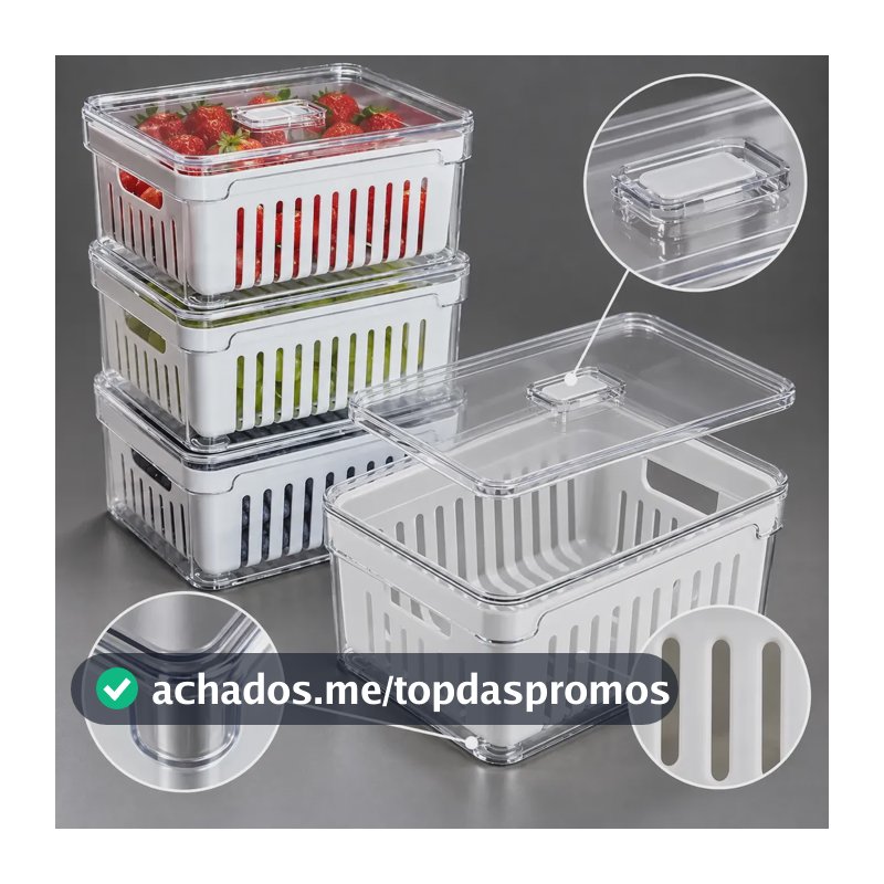 Kit 4 Organizadores de Geladeira 2,2L Cesto Interno Plástico Livre de BPA Drenagem Tampa com Trava Pote de Acrílico Transparente Ponte Lar Utilidades para Frutas Legumes Verduras Frios Cozinha Armário
