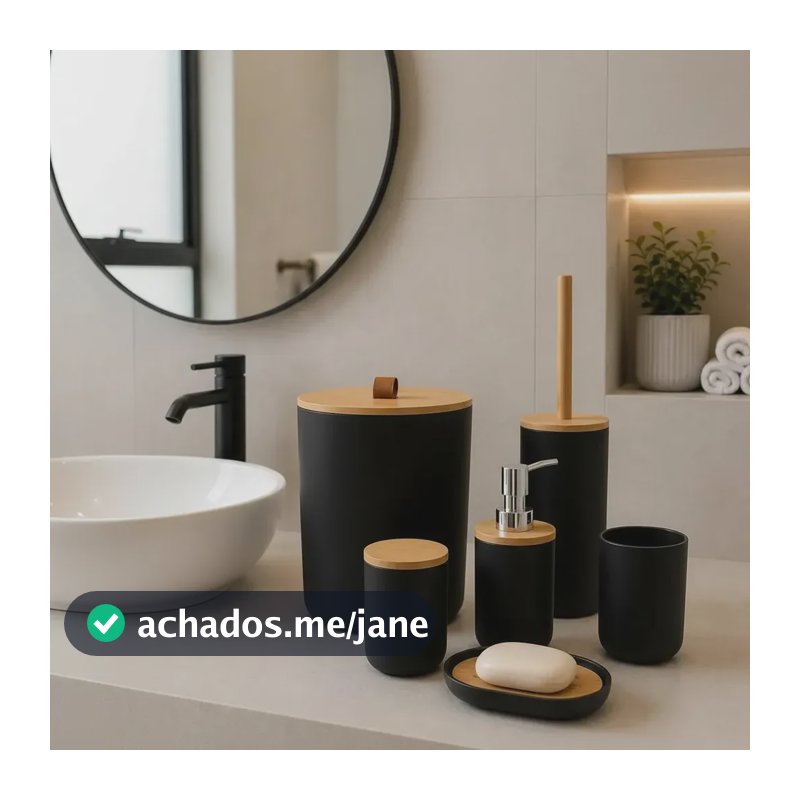 Kit Acessórios Banheiro 6 Peças Lixeira Escova Sanitária Dispenser Sabão Líquido Porta Escova Dente Saboneteira Organizadores Design Moderno Lavabo Suítes Resistente Cor Preto