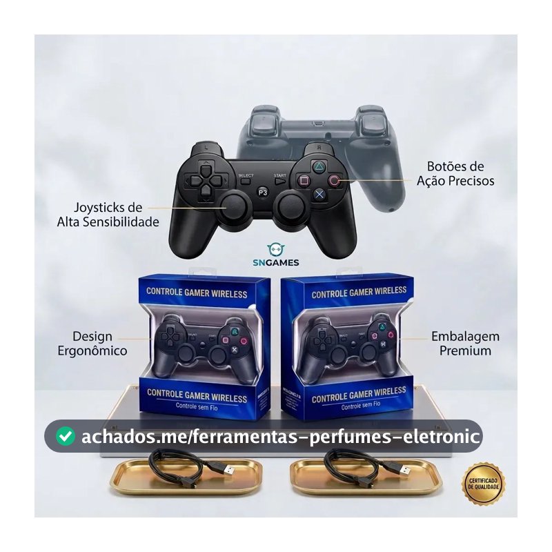 Kit 2 Controles para Ps3 Bluetooth Sem Fio Wireless Compatível PS3 PC Recarregavel Joystick Gamepad Preto Sngames