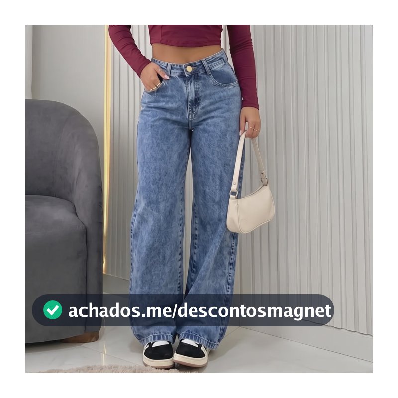 Calça Wide Leg Feminina Jeans Pantalona Levanta Bumbum Moda Azul Marmorizado 40