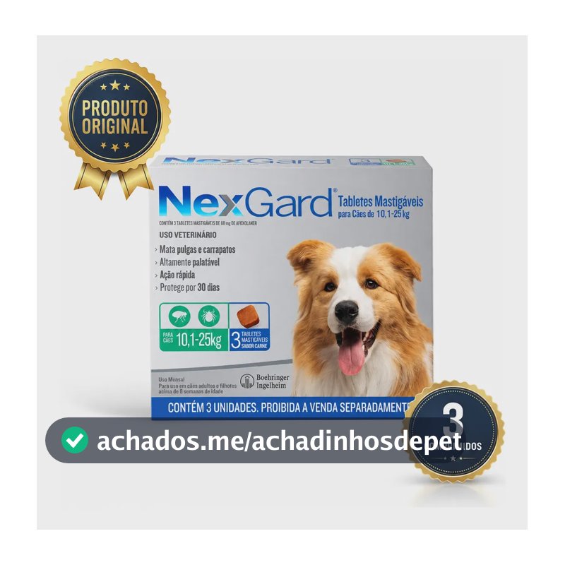 Nexgard 10,1 A 25kg Antipulgas E Carrapatos 3 Comprimidos Verde