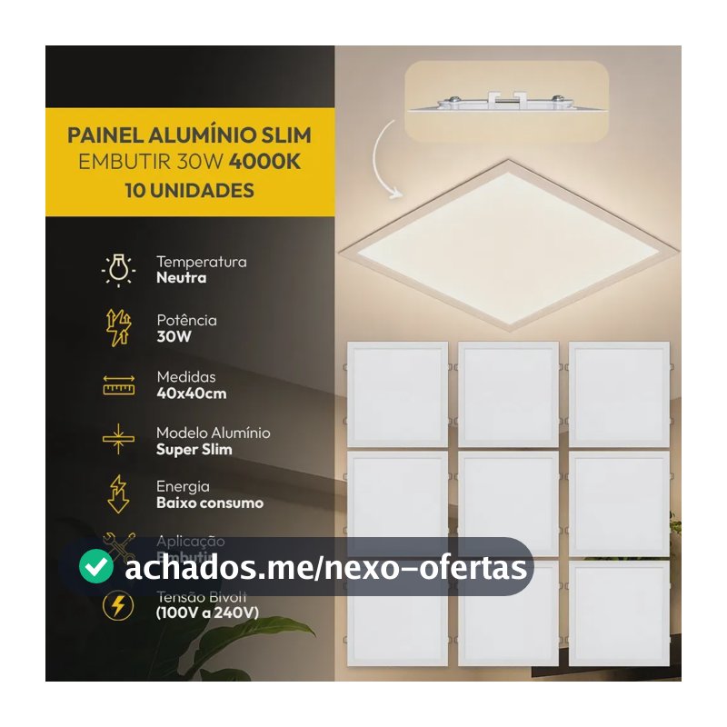 Kit 10 Painel Led Plafon Aluminio Embutir 30w 4000k Branco Neutro 40x40Cm Quadrado Cod: ALUT190077-10 Alut By Avant