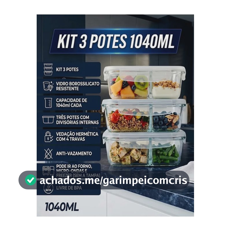 Kit 3 Potes de Vidro 1040ml com Divisória e Tampa Hermética Borossilicato Pítia