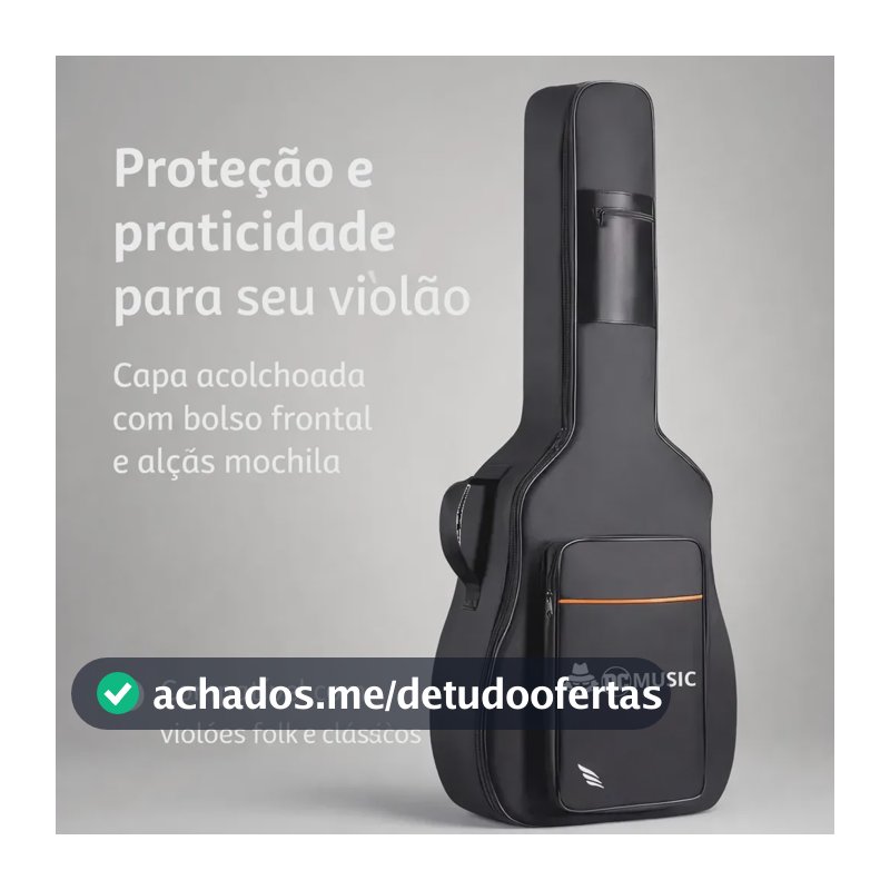 Capa para Violão Folk e Clássico Dc Music Acolchoada com Alça Mochila e Bolso Frontal (39" a 41") Preta