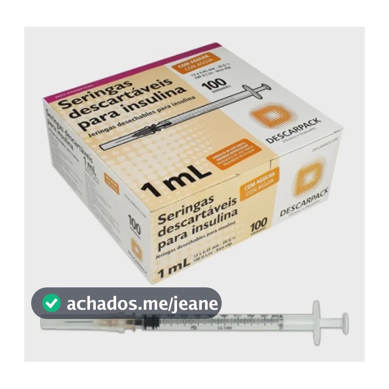 Seringa Insulina 100 Unidades - 13mmx0,45mm Descarpack 1ml Capacidade em volume 1 mL