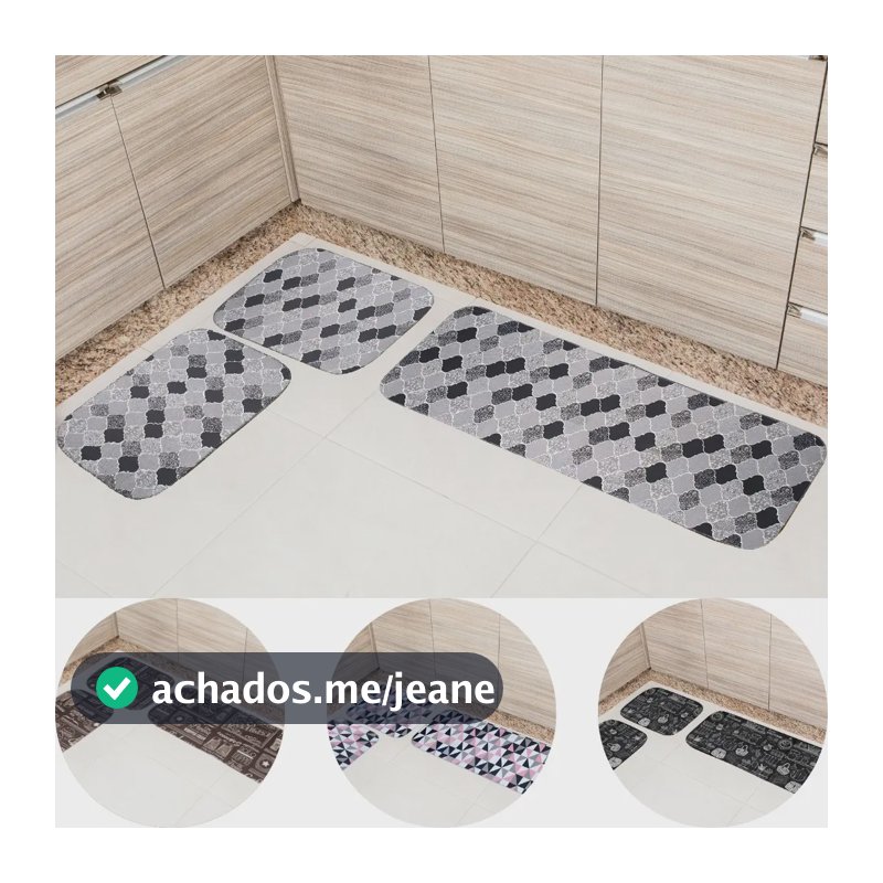Jogo De Tapete Para Cozinha Kit Peças Antiderrapante Conjunto Emborrachado Turquia - 2 Tapetes 40 X 50 Cm E 1 Passadeira Trilho 40 X 90 Cm - Preto, Cinza e Branco - Renova Enxovais