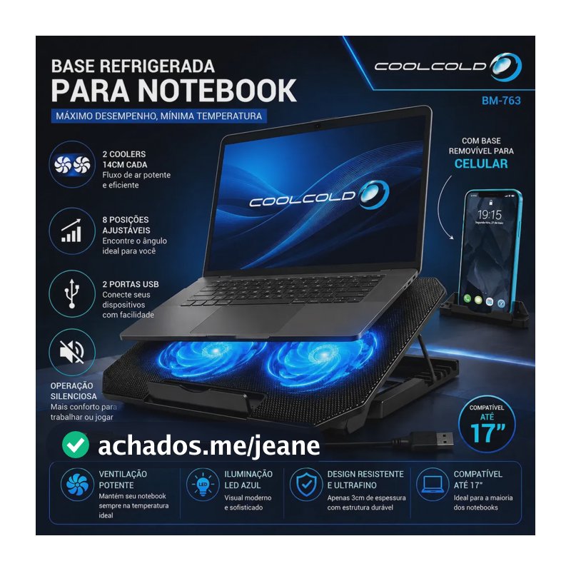 Suporte Notebook Coolcold Com 2 Cooler Ventoinhas Base Mesa Led Refrigerada Ventilação Silenciosa Cor Preto Led Azul Laptop Notebook Até 17 Polegadas