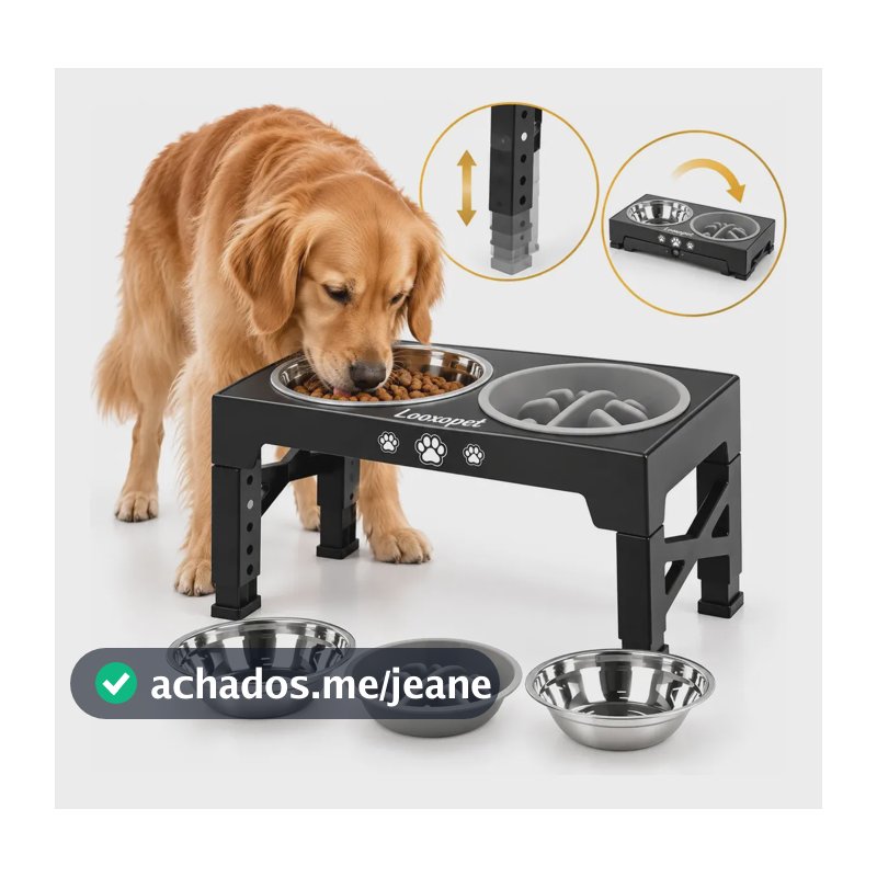 Comedouro Bebedouro Elevado Cães Duplo Lento Inox Grandes Ajustável Looxopet Preto