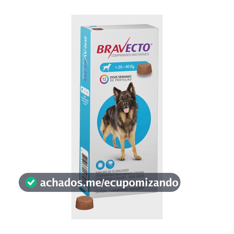 Bravecto Cães 20-40kg 1000mg 1 Comp. Mastigável Msd Azul