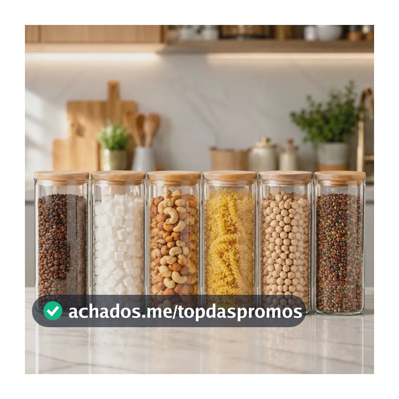 Kit 6 Potes Vidro Hermético 450ml Tampa Bambu Mantimentos Transparente
