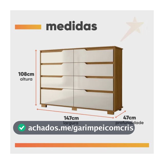 Cômoda 8 Gavetas com Pés Georgia Moval 147cm