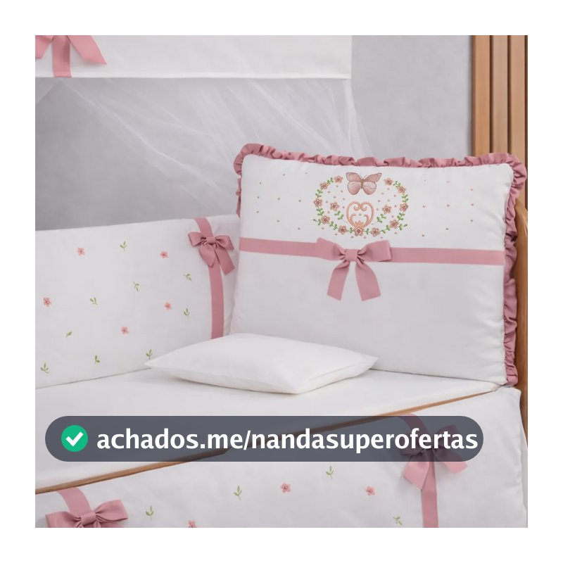 Kit Berço Menina Americano 10 Peças Laços Rose E Mosquiteiro Laço Rosê