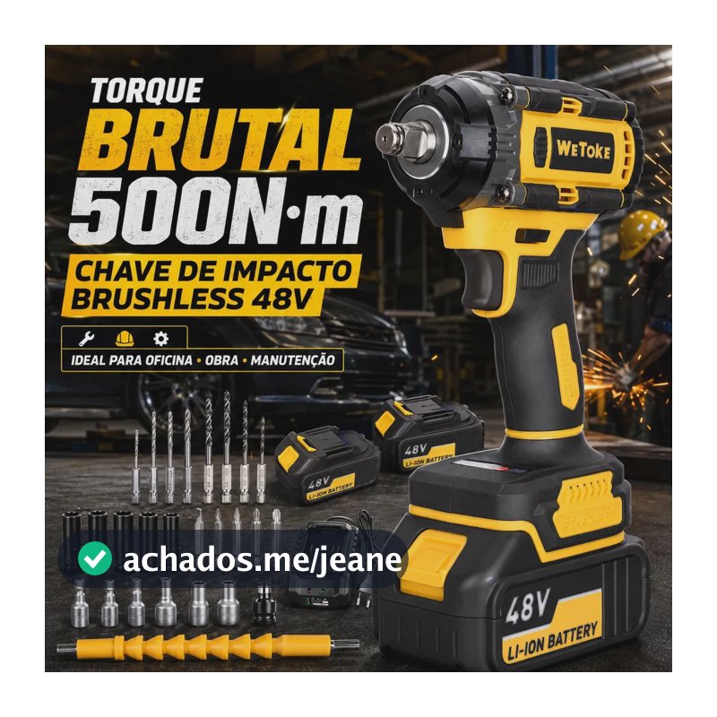 Chave De Impacto Parafusadeira Profissional 48v 500n.m Sem Fio 2 Baterias Bivolt E Acessórios Wetoke