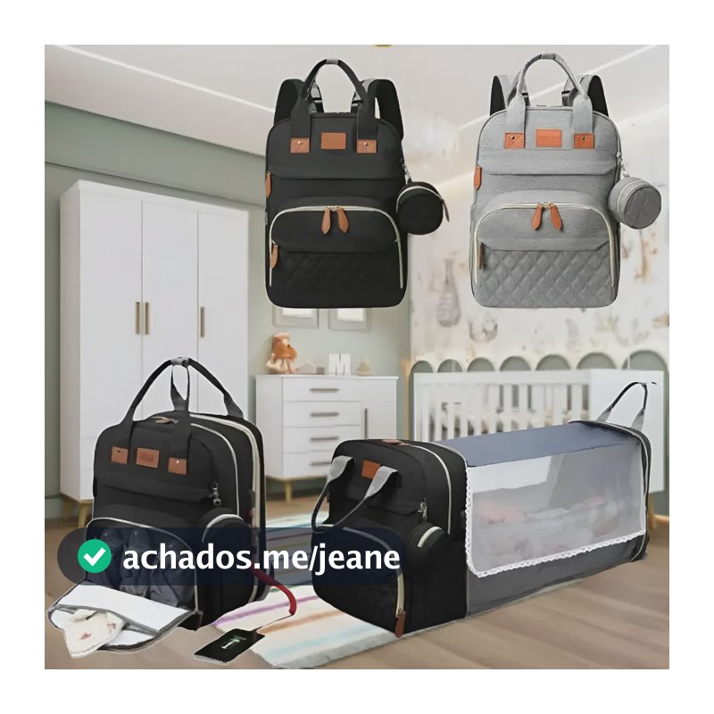 Mochila Bolsa Maternidade Vira Berço Trocador E Mosquiteiro Preto Losango