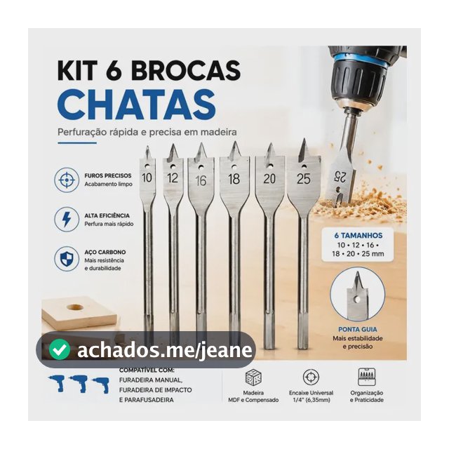 Jogo Brocas Chatas Para Madeira Kit Com 6 Peças Furadeira