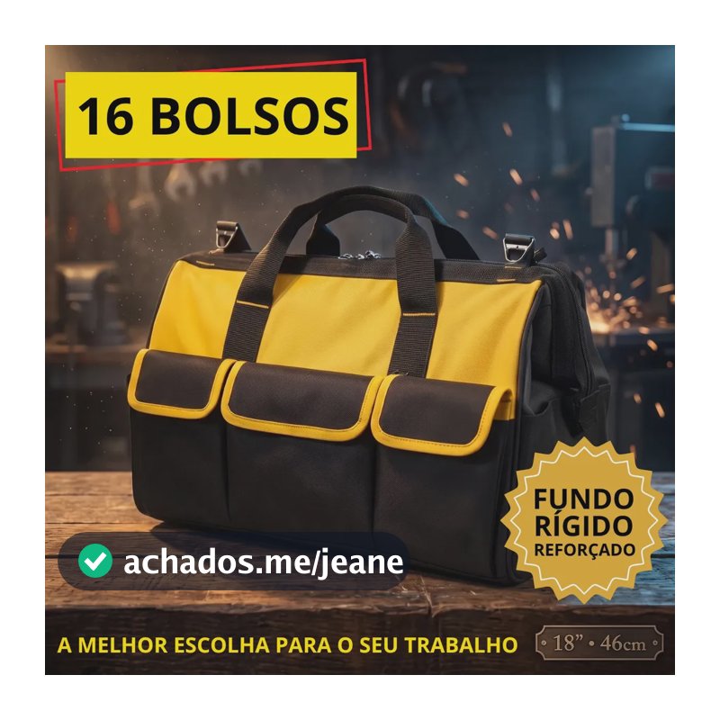 Bolsa Ferramentas Grande Reforçada Maleta Lona 16 Bolsos Fundo Resistente Eletricista Encanador Mecânico Hobista Manutenção Predial Porta Ferramenta Profissional Alça Reforçada Preto/Amarelo Spirobol