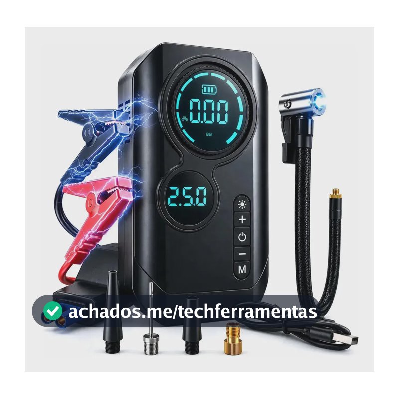 Auxiliar de Partida Portátil XIUDEEN T-701 12V 8000A Chupeta Carregador de Bateria Automotivo com 4 Bicos Compressor de Ar 150 PSI, Power Bank e Lanterna LED para Carro, SUV, Moto e Bicicleta