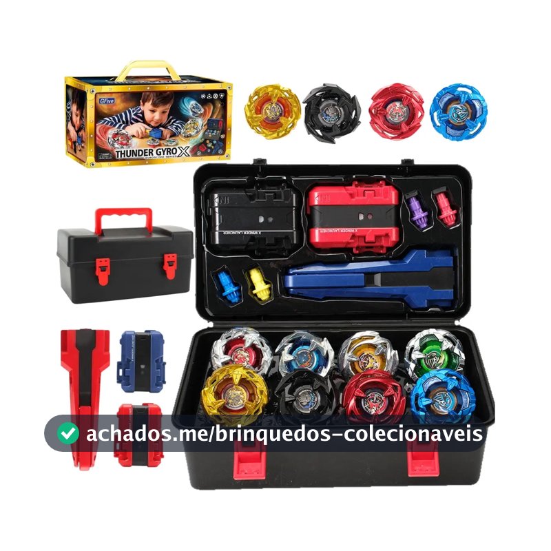 Maleta Kit Completo 8 Pião Blade Thundegyro Batalha Lançador Beiblade