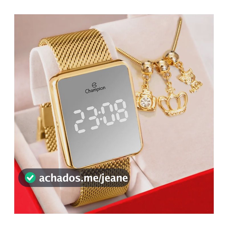 Relógio Champion Feminino Digital Espelhado Dourado Berloque Dourado