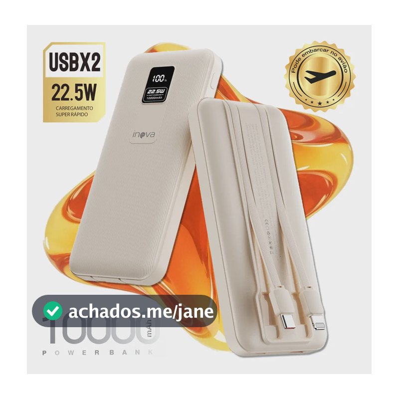 Inova Carregador Portátil Turbo 22.5w Power Bank 10.000mah Universal Externa Cor Bege